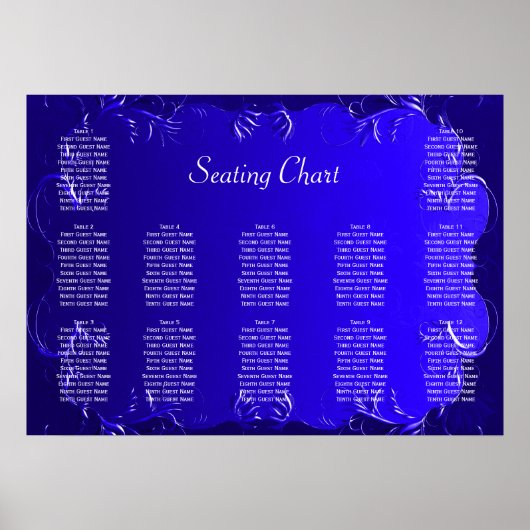 Elegant Royal Blue Wedding Reception Sezing Chart Poster (Voorkant)