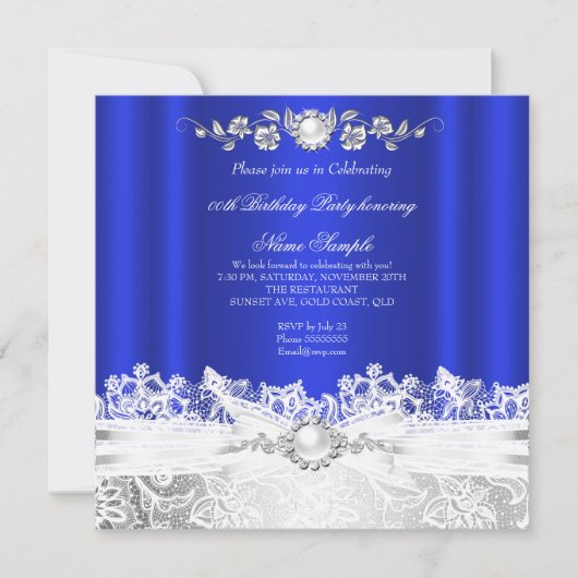 Elegant Royal Blue White Lace Jewel Bow Birthday Kaart (Voorkant)