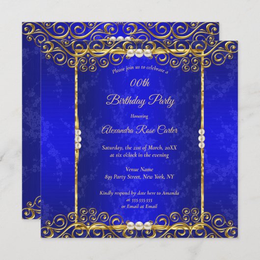 Elegant Royal Blue White Pearl Birthday Party Kaart (Voorkant / Achterkant)