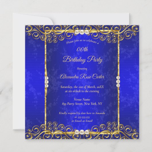 Elegant Royal Blue White Pearl Birthday Party Kaart (Voorkant)