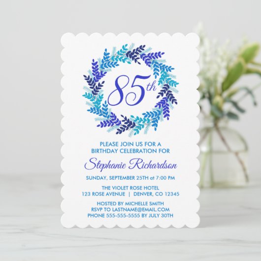 Elegant Royal Blue Wreath 85e verjaardagsfeestje Kaart (Staand voorkant)