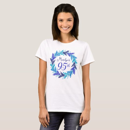 Elegant Royal Blue Wreath Monogram 95e verjaardag T-shirt (Voorkant volledig)