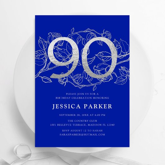 Elegant Royal Blue Zilver 90ste Verjaardag Kaart