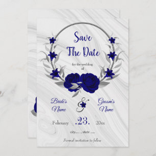 elegant royal blue zilver grijs floral save the da save the date