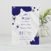 elegant royal blue zilver grijs floral save the date (Staand voorkant)