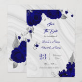 elegant royal blue zilver grijs floral save the date (Voorkant / Achterkant)