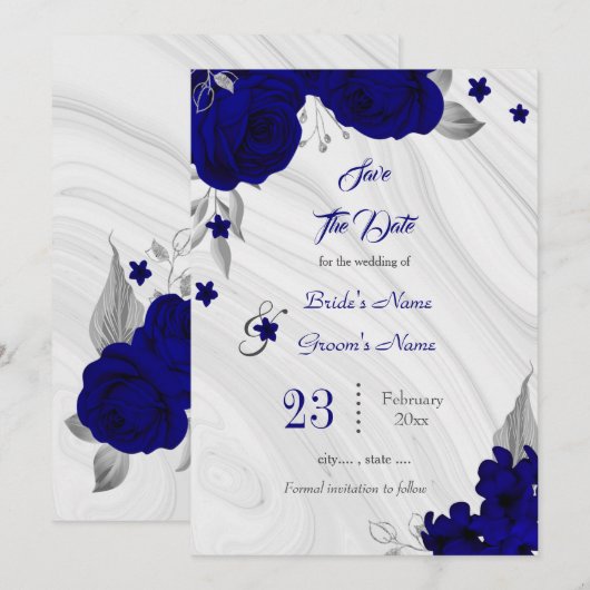 elegant royal blue zilver grijs floral save the date (Voorkant / Achterkant)