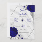 elegant royal blue zilver grijs floral save the date (Voorkant)