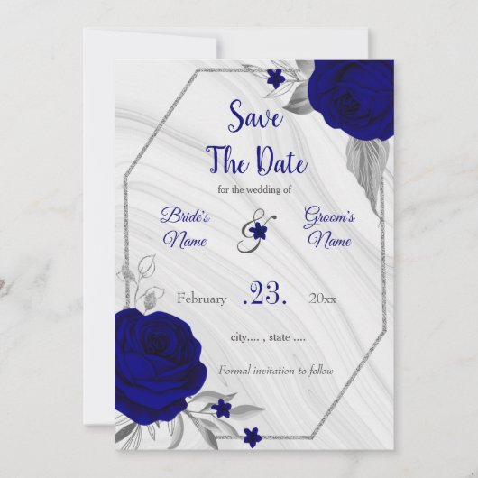 elegant royal blue zilver grijs floral save the date (Voorkant)