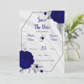 elegant royal blue zilver grijs floral save the date (Staand voorkant)