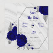 elegant royal blue zilver grijs floral save the date (Voorkant / Achterkant)