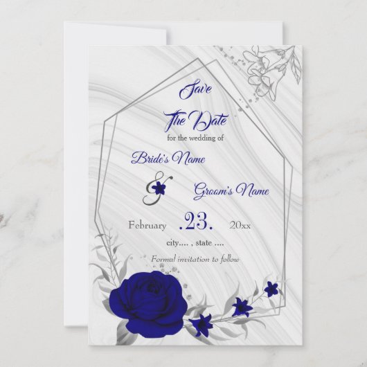 elegant royal blue zilver grijs geometrisch save the date (Voorkant)