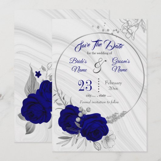 Elegant Royal Blue zilvergrijs Save The Date (Voorkant / Achterkant)