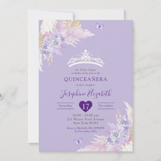 Elegant Royal Boho Lila Bloemen Mis Quince Años Kaart (Voorkant)