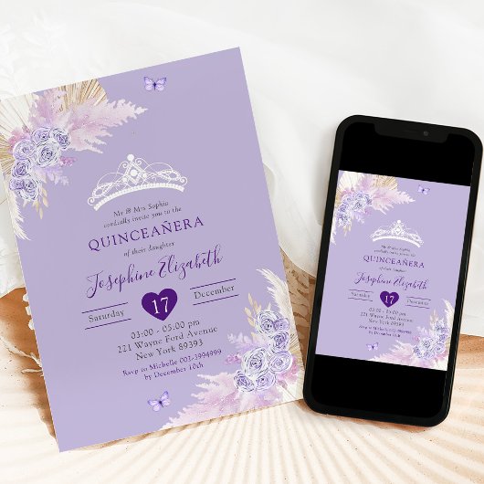 Elegant Royal Boho Lila Bloemen Mis Quince Años Kaart