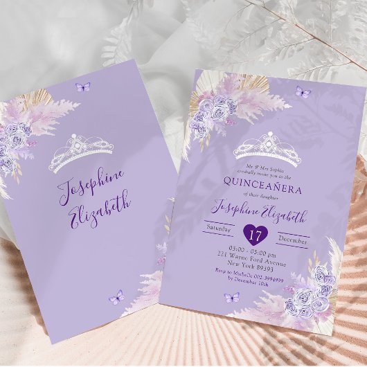Elegant Royal Boho Lila Bloemen Mis Quince Años Kaart