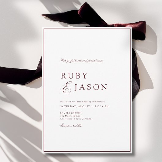 Elegant Royal Burgundy & White Script Wedding Kaart