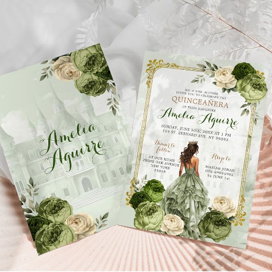 Elegant Royal Castle Gold Sage Groen Quinceañera Kaart