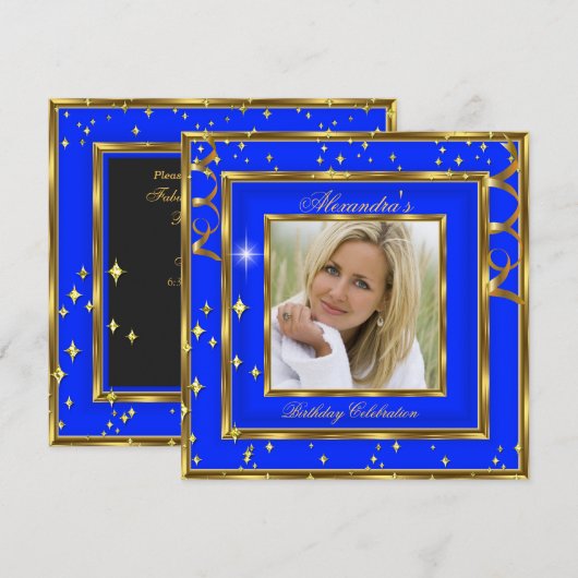 Elegant Royal Cobalt Blue Gold Photo Birthday Kaart (Voorkant / Achterkant)