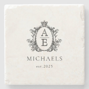 Elegant, Royal Crest Monogram Zwart-wit Stenen Onderzetter