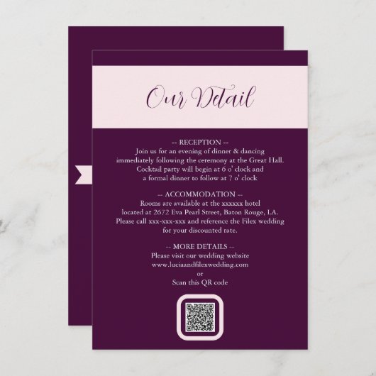 Elegant Royal Crimson QR Wedding Detail Kaart (Voorkant / Achterkant)