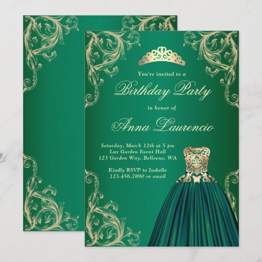 Elegant Royal Decorative Green en Gold Birthday Kaart (Voorkant / Achterkant)
