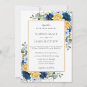 Elegant Royal Dusty Blauw Geel Bloemen Bruiloft Kaart (Voorkant)