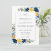 Elegant Royal Dusty Blauw Geel Bloemen Bruiloft Kaart (Staand voorkant)