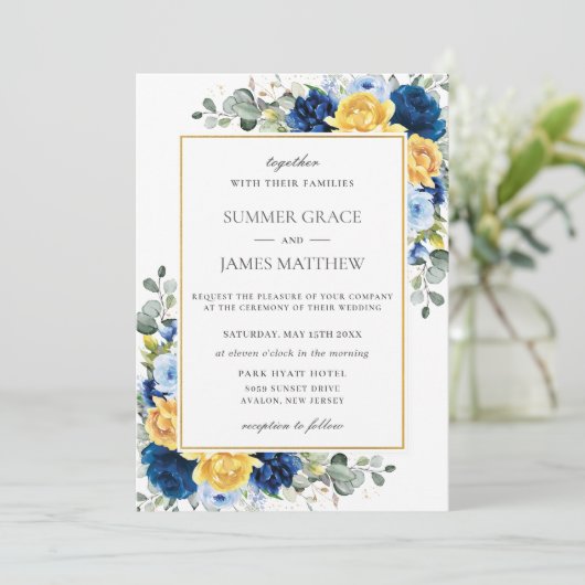 Elegant Royal Dusty Blauw Geel Bloemen Bruiloft Kaart (Staand voorkant)