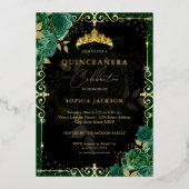 Elegant Royal Emerald Gold Roos Quinceanera Folie Uitnodiging (Voorkant)