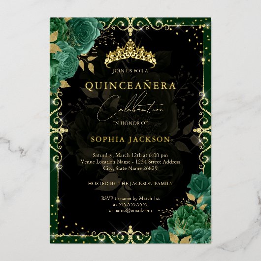 Elegant Royal Emerald Gold Roos Quinceanera Folie Uitnodiging (Voorkant)