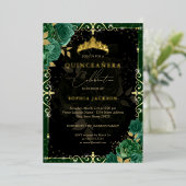 Elegant Royal Emerald Gold Roos Quinceanera Folie Uitnodiging (Staand Voorkant)