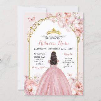 Elegant Royal Gold Dusty Roos Princess Quinceañera Kaart