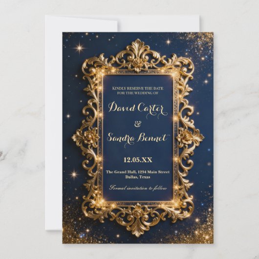 Elegant Royal Gold & Navy Blue Modern Wedding Save The Date (Voorkant)