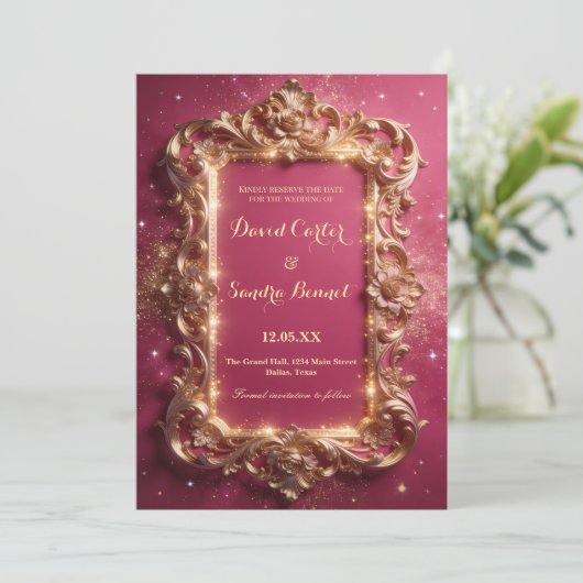 Elegant Royal Gold & Pink Modern Wedding Save The Date (Staand voorkant)