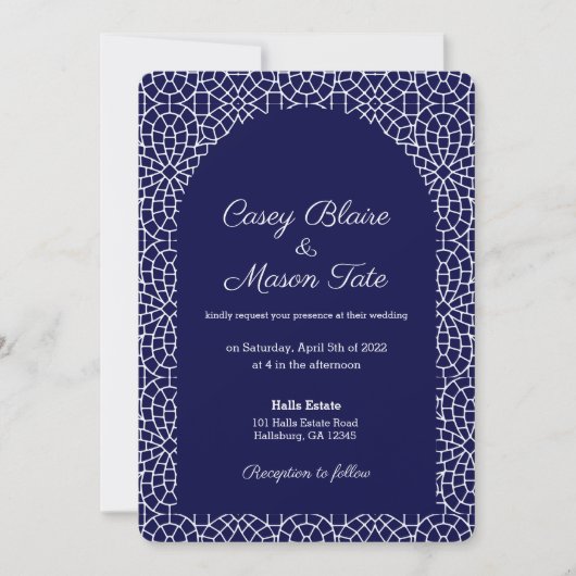Elegant Royal Navy Mosaic Wedding Invitation Kaart (Voorkant)