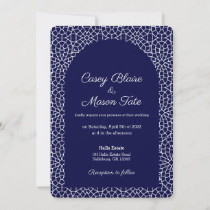 Elegant Royal Navy Mosaic Wedding Invitation Kaart