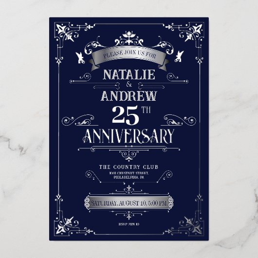 Elegant Royal Navy Silver Bruiloft Jubileum Folie Uitnodiging (Voorkant)