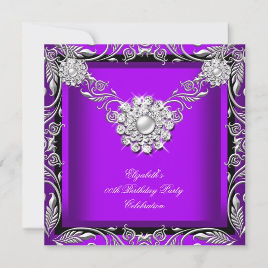 Elegant Royal Paars Black Silver Birthday Party Kaart (Voorkant)