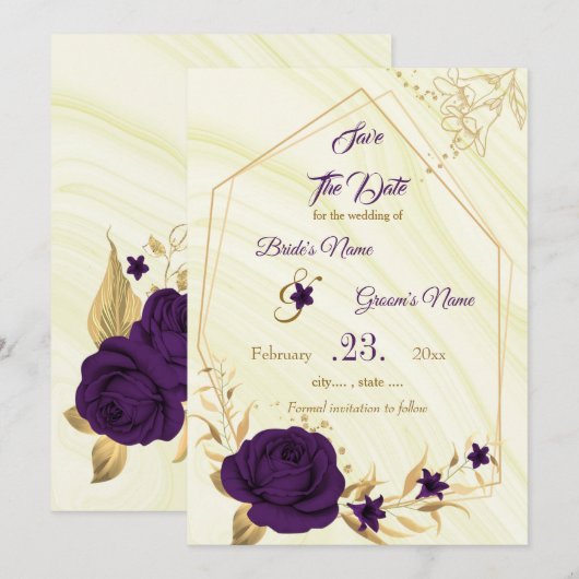 elegant royal paars gold floral save the date (Voorkant / Achterkant)