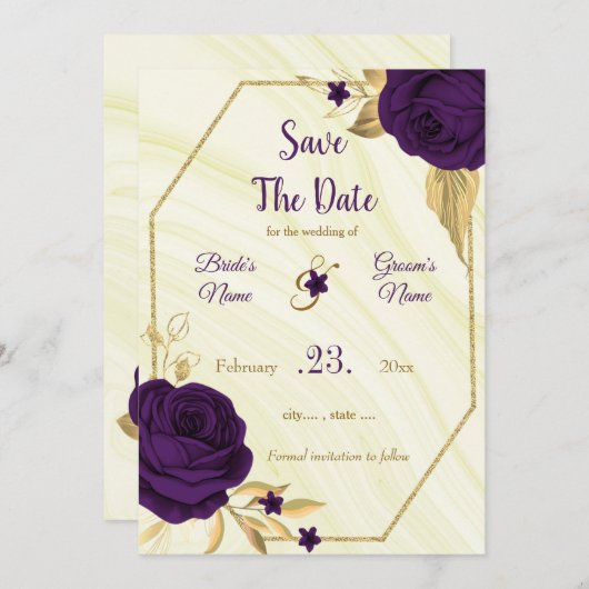 elegant royal paars gold floral save the date (Voorkant / Achterkant)