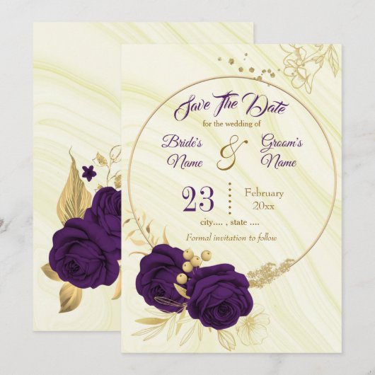 elegant royal paars gold floral save the date (Voorkant / Achterkant)