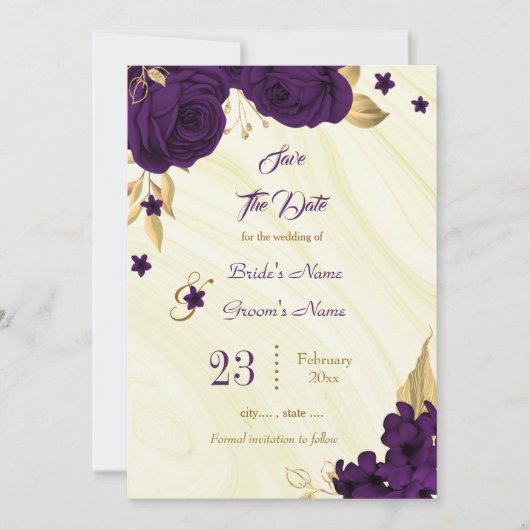 elegant royal paars gold florale bladeren save the date (Voorkant)