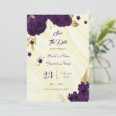 elegant royal paars gold florale bladeren save the date (Staand voorkant)