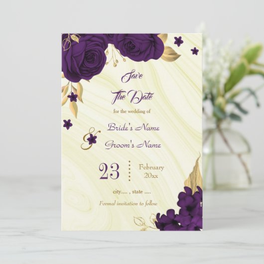 elegant royal paars gold florale bladeren save the date (Staand voorkant)