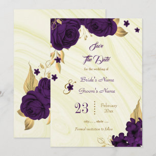 elegant royal paars gold florale bladeren save the date