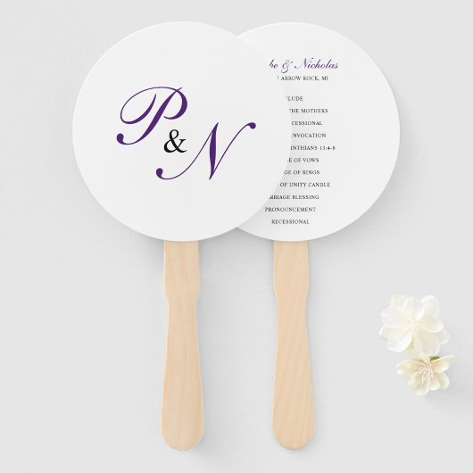 Elegant Royal Paars Monogram Wedding Programme Handwaaier (Voorkant en achterkant)