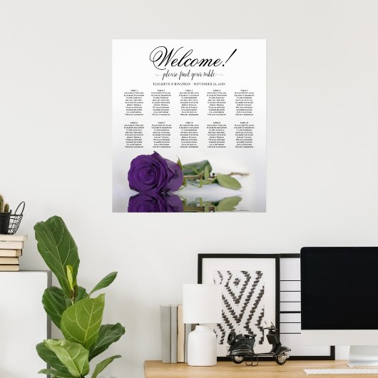 Elegant Royal Paars Roos 10 Table Seating Chart Poster (Thuiskantoor)