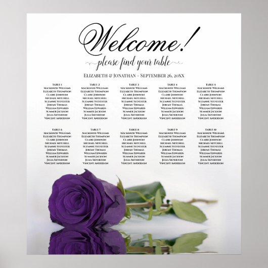 Elegant Royal Paars Roos 10 Table Seating Chart Poster (Voorkant)