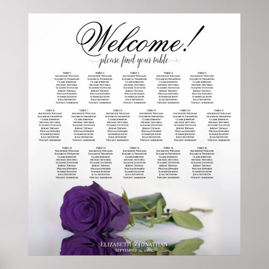 Elegant Royal Paars Roos 16 Table Seating Chart Poster (Voorkant)